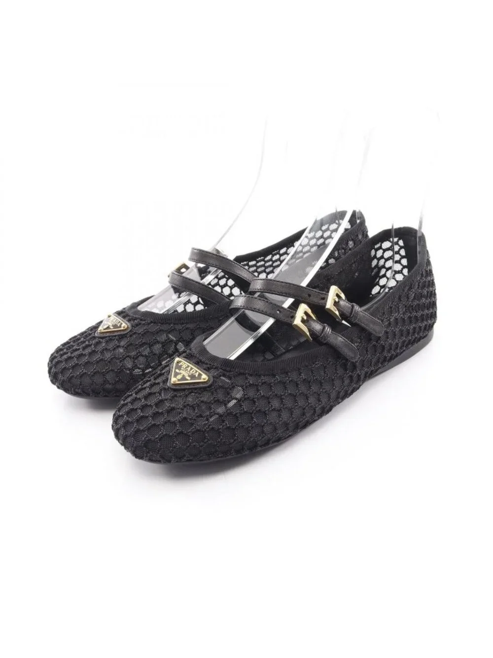 Prada Pumps Macrame Mesh Black Leather Ballet Shoes